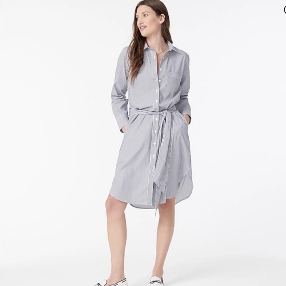 J. Crew Blue and White Striped Tie-Waist Shirt Dress